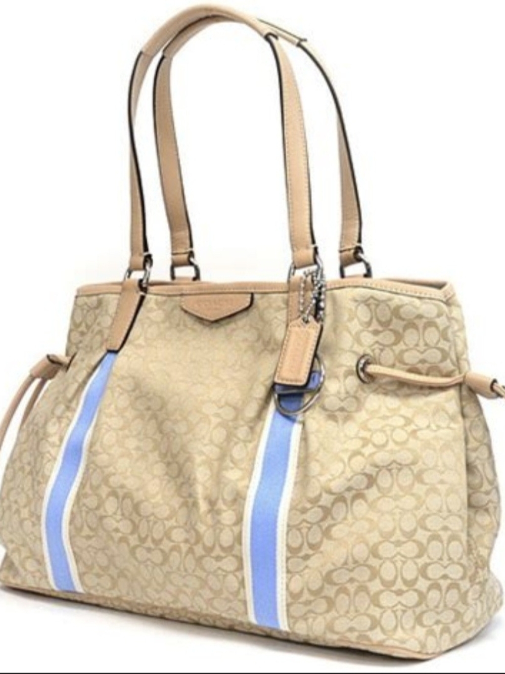 Coach Signature Canvas Drawstring Carryall Tote in Tan with Blue Stripes